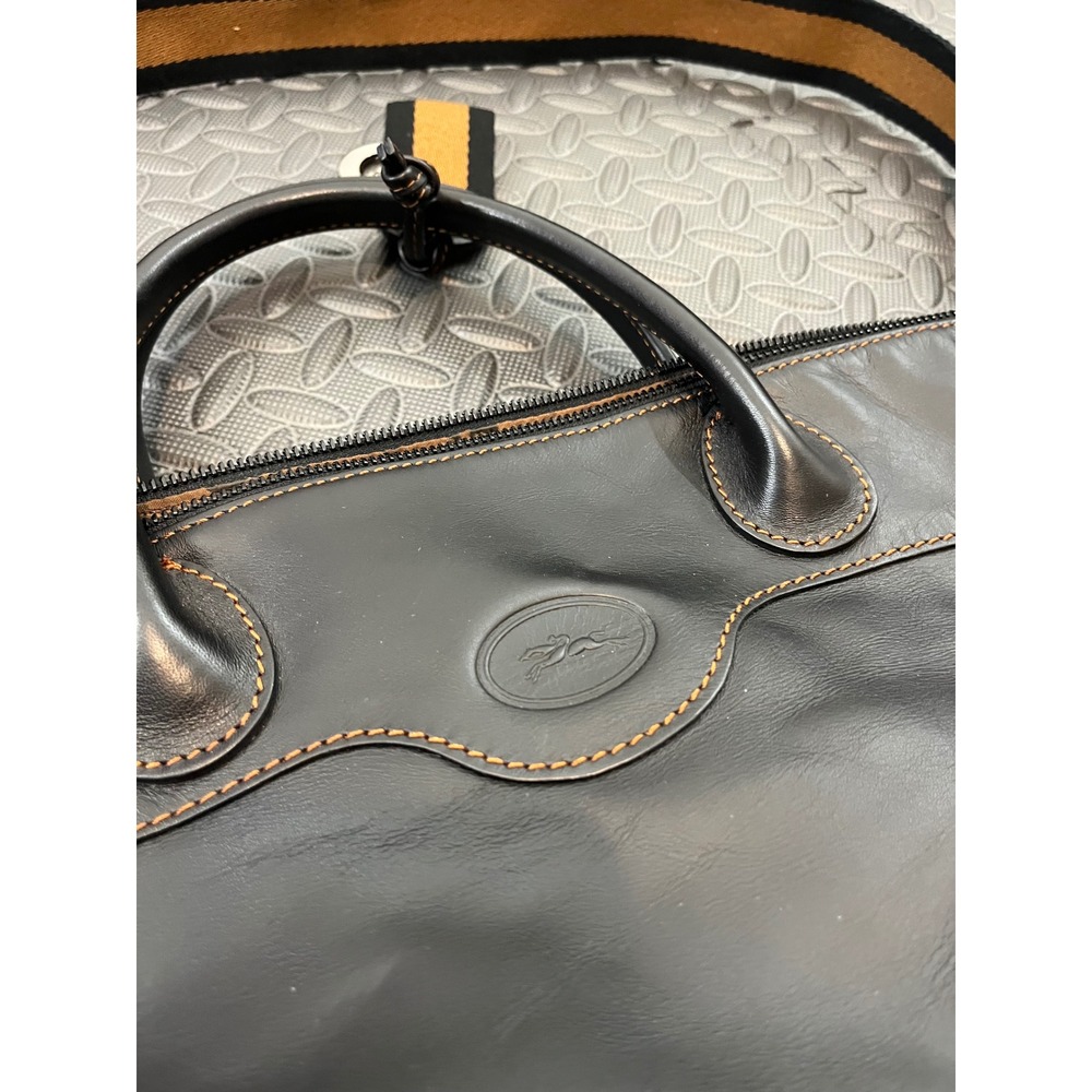 Longchamp Duffel Bag Black Leather Travel Weekender Carry On Purse Tote - Picture 2 of 11